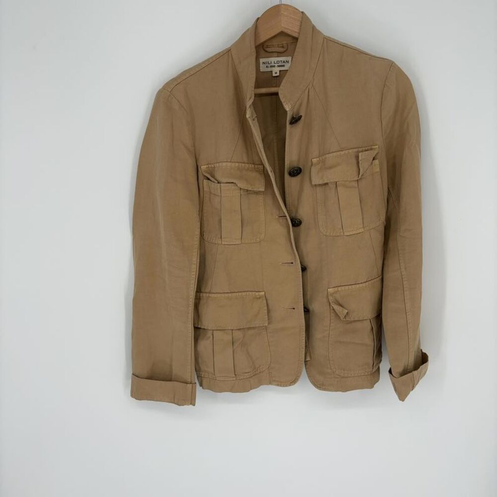 Nili Lotan Cambre Utility Safari Military Jacket Cotton Linen Tan